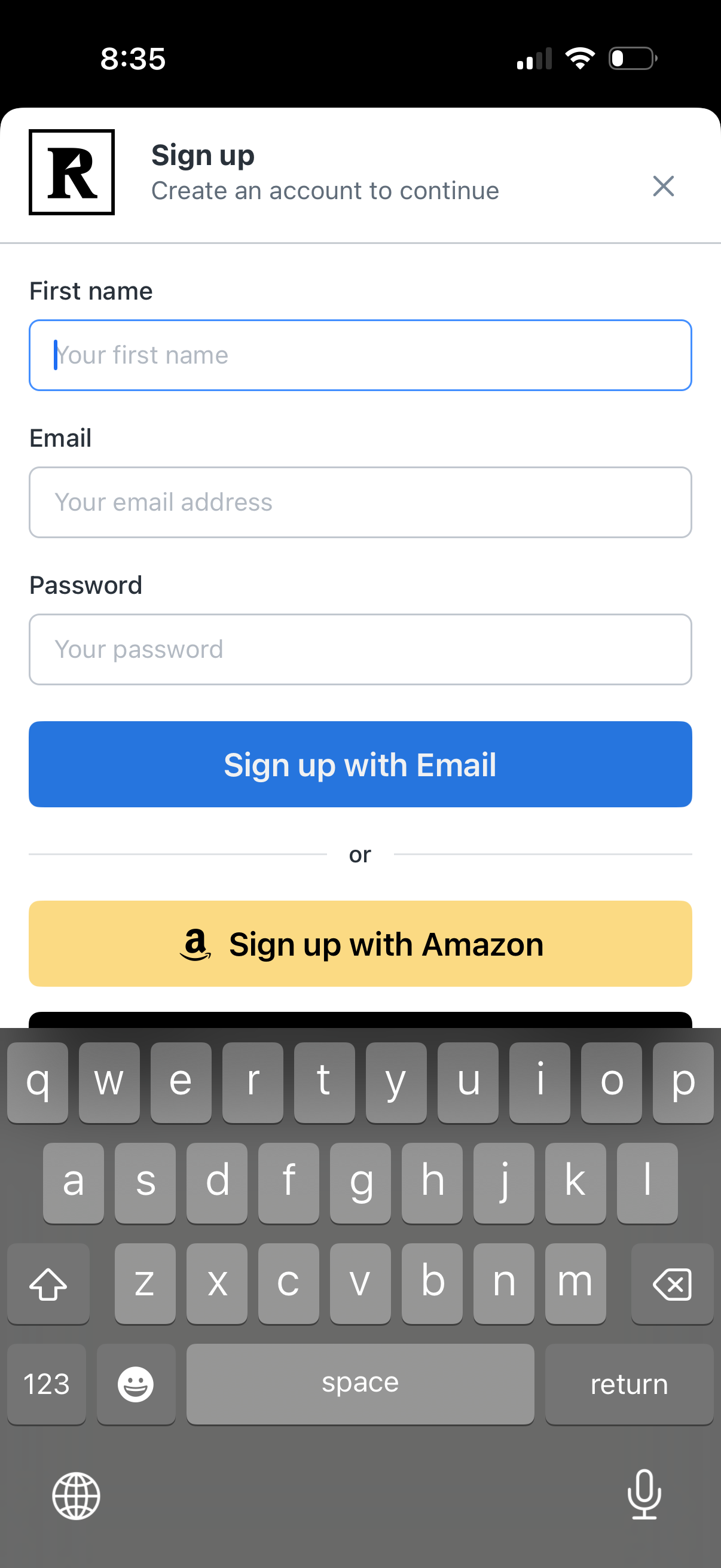 reader signup screenshot